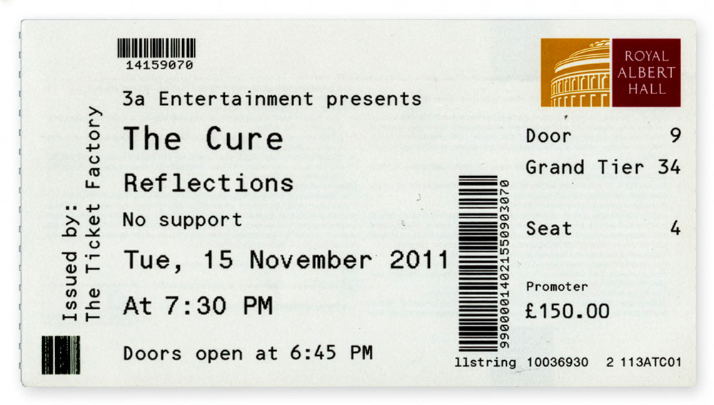 Concert ticket for The Cure at the Royal Albert Hall, 15 November 2011